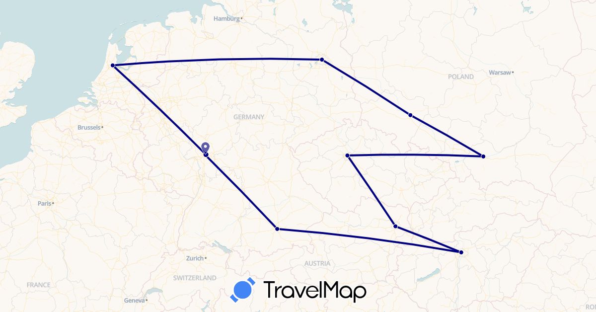 TravelMap itinerary: driving in Austria, Czech Republic, Germany, Hungary, Netherlands, Poland (Europe)
